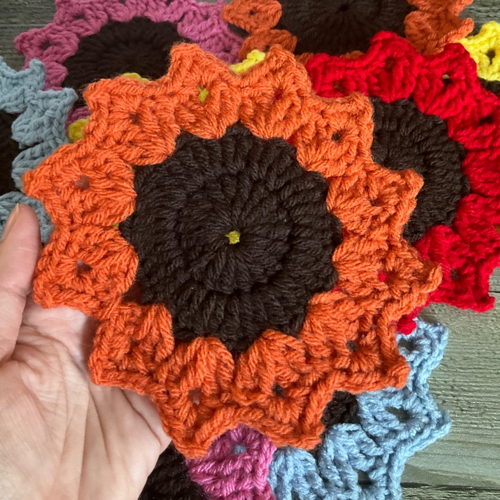 Sunflower Handmade Crochet Coasters Orange 4 Pack